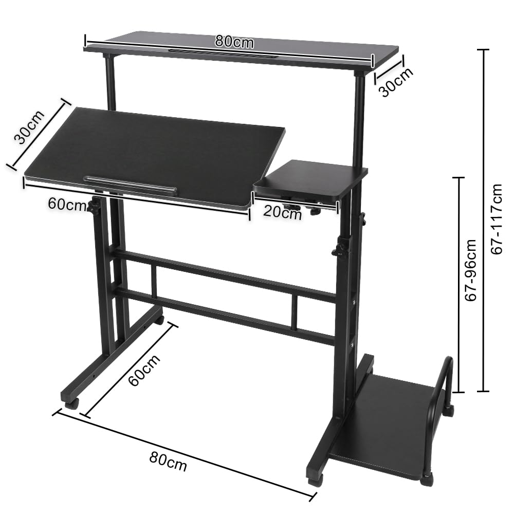 Scrivania in piedi regolabile in altezza con 6 ruote, inclinabile, tavolo compatto per PC per casa, ufficio, postazione di lavoro sit-stand (80 + 22) x 60 cm