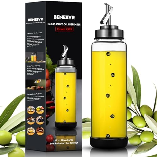 Glass Olive Oil Dispenser Bottle for Kitchen Shatterproof & Leakproof Cooking Oil Dispenser with Stainless Steel Spout & Rubber Bottom 17 oz Heat Resistant Olive Oil Bottle