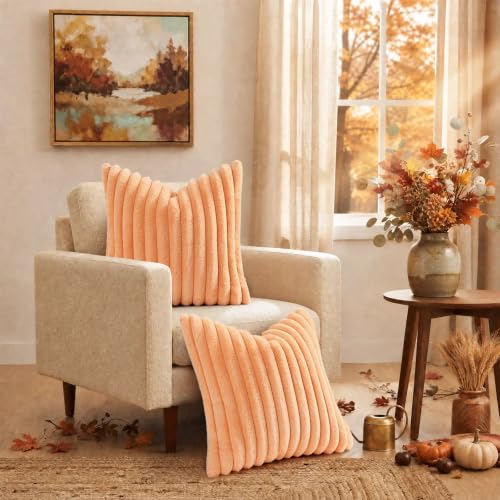 Image of decorUhome Fall Faux Fur Throw Pillow Covers 26x26 Set of 2 Light Orange