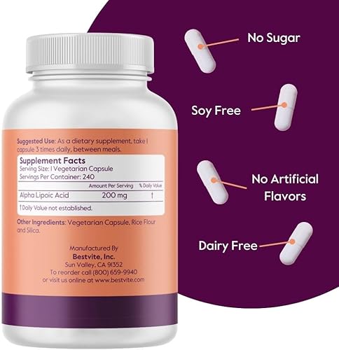 Miniatura 2 de BESTVITE Ácido alfa lipoico 200 mg (por cápsula) (240 cápsulas vegetarianas) - Sin estearatos - Vegano - Sin gluten - Sin OMG