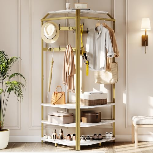 GarveeHome Corner Coat Rack with Shoe Bench Entryway, Corner Hall Tree with 6 Double Hooks, Clothes Rack with Storage Hall Tree with Organizer Shoe Bench Shelf (Gold 02, 20 * 20 * 71 inch)