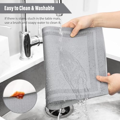 Image of Placemats Set of 6 Dining Table Place Mats | Placemats Table Mat PVC Material | Non-Slip Heat Resistant | Dining Tablemates Washable Anti-Skid | Size 45 x 30cm (Grey)
