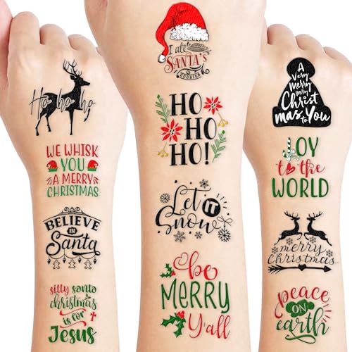 Vinyl Christmas Inspirational Temporary Tattoos - Christmas Bless Saying, Words, Letter Greeting Themed Stickers for Adults & Kids - Xmas Decoration & Birthday Party