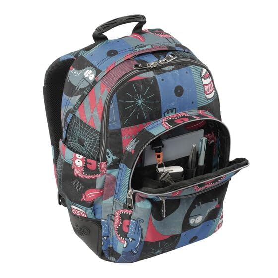 TOTTO - Mochila Escolar Grande, Modelo Rayol, Capacidad 19 L, 3 Compartimentos, 2 Bolsillos Botella, Bolsillo PC 14", Espaldar Ergonómico con Flujo de Aire, Correas en S, Estampado Cyber Monstruos