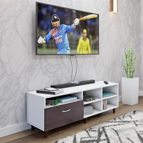 Image of VIKI Modern TV Unit for Living Room | Engineered Wood TV Cabinet with 1 Drawer Storage & 3 Open Shelves, Entertainment Unit, 140W x 48H x 40D cm | DIY | 1 Year Warranty (White & Wenge)