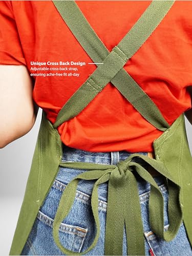 Image of Kitchen Apron - 100% Cotton, Adjustable Neck strap, Large Pocket - Unisex Apron for Men & Women - Cooking, Baking, BBQ, Gardening - Solid Colours, Striped and Checkered Patterns