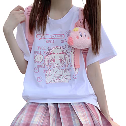 Japanese Harajuku Style Pastel Goth Kawaii Fashion Soft Crewneck Comic Cute Girl with Letter Print T-Shirt - Main Image