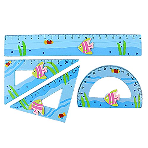 Set regla y transportador de madera con diseño de peces miniatura 1