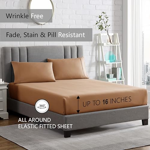 American Home Collection King Size Sheet Set - 16-Inch Deep Pocket - Ultra Soft Microfiber Bed Sheets - Breathable, Wrinkle and Fade Resistant, Easy Care - 4 Piece Set (King, Tan)