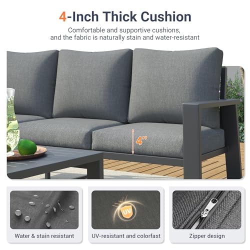 Image of UDPATIO Aluminum Patio Furniture Set, 4 Pieces Sectional Metal Conversation Sofa Modern Seating Set with Coffee Table for Outdoor Garden Backyard, Dark Grey
