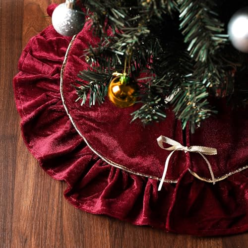 Vertintong VERTINTONG-JUA0832-01 Mini Christmas Tree Skirt Velvet Plush Tiny 20 Inch Red Tree Skirts Luxury Miniature Thick Fur Tree Skirt Vintage Xmas Tree Skirts Table Top Trees Decorations thumb #4