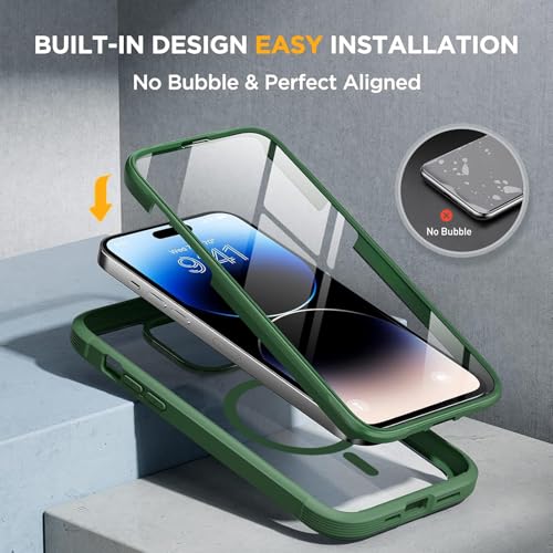 Image of Miracase Magnetic for iPhone 14 Pro Max Case 6.7 inch, (Compatible with MagSafe) Upgrade Full-Body Clear Phone Bumper Case with Built-in 9H Tempered Glass Screen Protector, Magnetic Acacia Green
