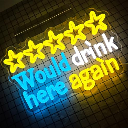 Image of Would drink here again Neon Sign for Wall Decor Funny Bar Neon Sign Dimmable Beer Led Neon Lgiht Decorations for Home Bar Basement Garage Mancave
