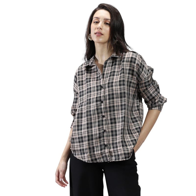 Campus Sutra PNACOLADA Women's Onyx Black & Khaki Beige Tartan Plaid Relaxed Shirt For Casual Wear | Spread Collar | Long Cuffed Sleeves | Button Closure | Shirt Crafted With Comfort Fit For Everyday Wear in black