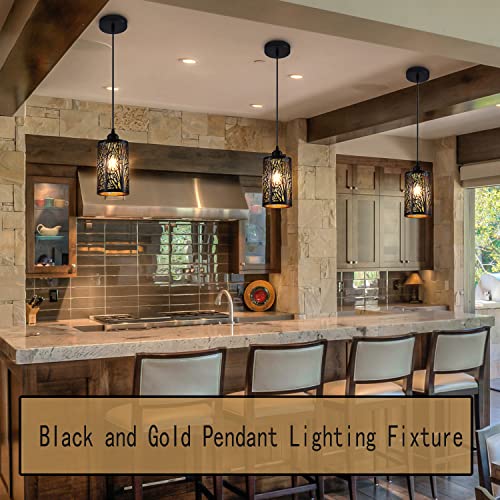 Shining Gold Industrial Black Pendant Light Fixture Vintage Mini Black Pendant Lighting With Gold Finish Farmhouse Rustic Hollow-Carved Cylinder Pendant Light For Kitchen Island thumb #1