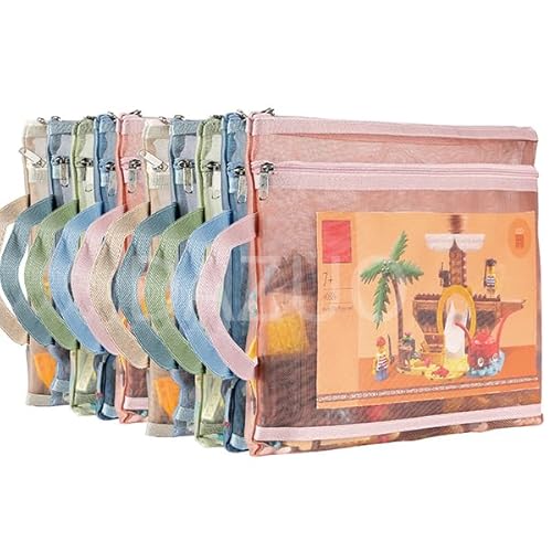 TrueLux 10 Pack Colored Mesh Zipper Pouch Bags, Double-Layer Nylon Puzzle Building Block Sets Toy Storage & Organization, Breathable See Through A4 Zipper Pouch with Handle for School Games