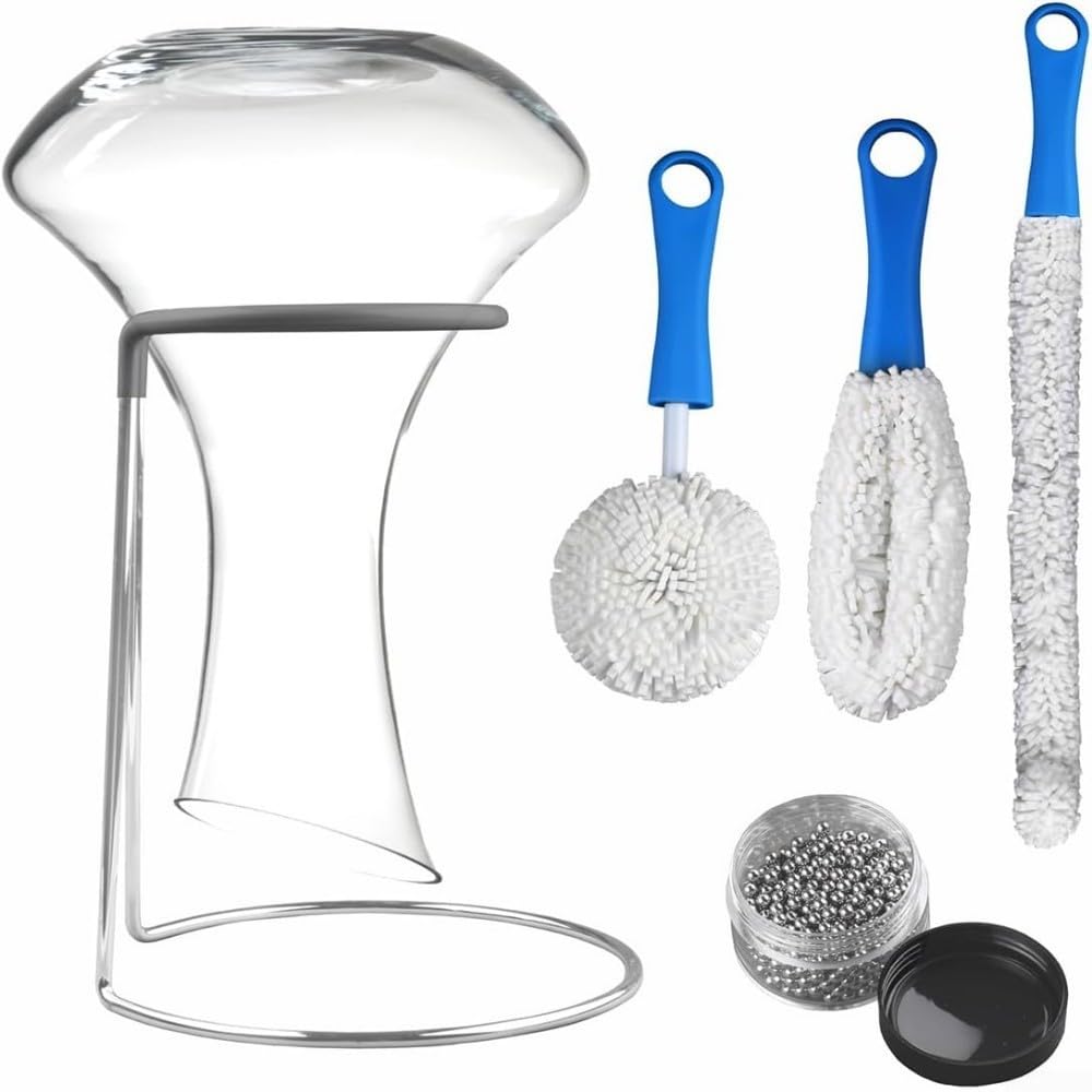 Supporto per decanter per vino in acciaio inossidabile, supporto salvaspazio per aeratore per vino rosso, con spazzole per la pulizia, grigio