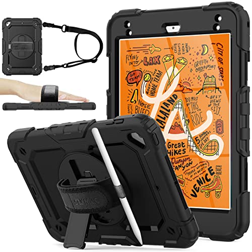 SEYMAC stock Coque iPad Mini 5, Étui iPad Mini 4, Coque de Protection Antichoc Robuste avec Porte-Crayon Protecteur D'écran Support Rotatif 360 et Dragonne pour iPad Mini 5e/4e Génération 7.9 (Noir)