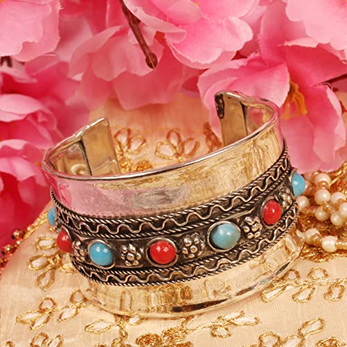 Image of Touchstone Indian Bollywood Desire Brass Base Exotic Workmanship Free Size Cuff Bracelet in Antique Gold Or White Or Copper Tone for Women.