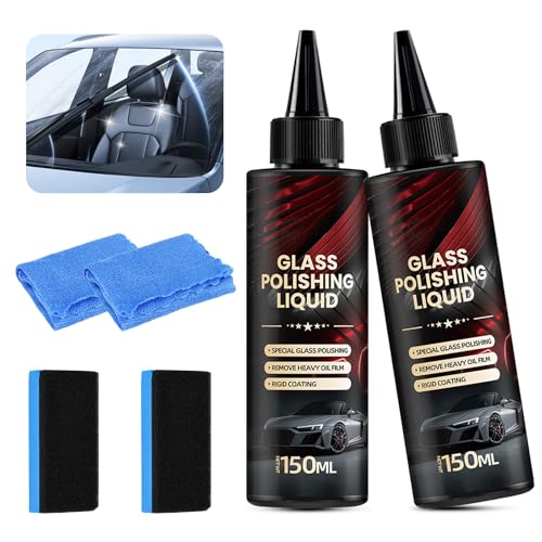 Glasautos Politur Flüssigkeit,Glass Polishing Liquid,Auto Glass Scratch Care Polishing Fluid 2 * 150ml,2025 Auto Glaspolitur Kit für zum Entfernen von Ölfilm, Schmutz und Kratzern von Autoscheiben