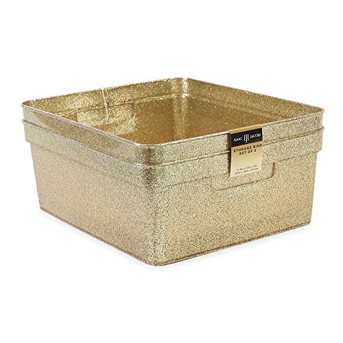 Isaac Jacobs Medium Glitter Storage Bin (14” X 11.5” X 5.5”) Set W/Cut-Out Handles, Plastic Organizer, Multi-Functional, Home Storage Solution, Kids Playroom, Bedroom, Closet (2, Gold) #TOP20