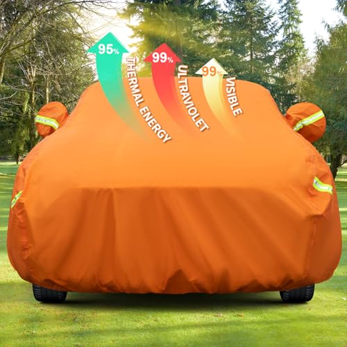 Image of AUQDD 6-Layers PEVA New Material Sedan SUV Full Padded Car Cover Waterproof All Weather Weatherproof UV Sun Protection Snow Dust Storm Resistant Outdoor Exterior Custom Form-Fit Straps 165 inch-179 inchOrange