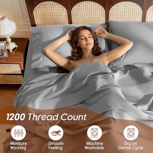 Image of 100% Egyptian Cotton Sheet Set 4 Pcs , 1200 TC, 16 inch Deep Pocket Sheet King | Long Staple Cotton Sheet, Soft and Breathable, 1 Fitted Sheet, 1 Flat Sheet, 2 Pillowcase Cozy for All Season, Gray