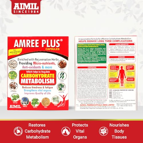 Image of AIMIL Amree Plus Capsules - 20 Capsules | Ayurvedic Nutrient Supplement for Carbohydrate and Lipid Support | Natural Herbal Formula with Gudmar & Karela to Help Manage Tiredness & Fatigue (Pack of 3)