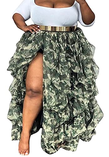Chartou Women's Elastic Waist Sheer Mesh Lace Tulle Puff Maxi Skirt Layered Night Out Party Skirt (Onesize,Camo) #TOP15