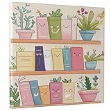 Cute Colorful Bookshelf Canvas Wall Art, Pastel Cute Happy Books and Plants Print, Cozy Home Aesthetic Decor For Living Room, Bedroom, Wrapped Canvas 12x12 Inch