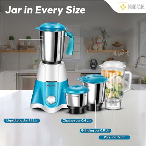 Image of HAVOK 750W Mixer Grinder 4 Stainless Steel Jars | Heavy Duty Kitchen Mixie | 20000 RPM Copper Motor | 3 Speed Control with Pulse | Masala, Chutney & Dry Grinding | Blue & White | 1 Year Warranty
