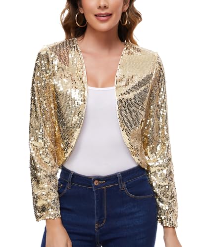 Image of MINTLIMIT Women's Sequin Shrug Bolero Long Sleeve Open Front Party Sparkly Cropped Cardigan Glitter Shiny Jackets