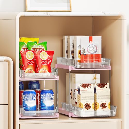 Delamu 2 Sets of 2-Tier Multi-Purpose Bathroom Under Sink Organizers and Storage, Stackable Kitchen Pantry Organization, Pull Out Medicine Cabinet Organizer with 8 Movable Dividers, Pink