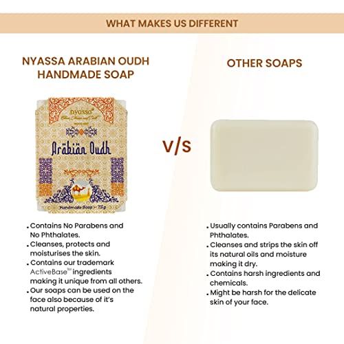 Image of Nyassa Premium Arabian Oud Handmade Natural Bathing Soap | Buy 2 get 1 Free | Shea Butter, Organic Sweet Almond Oil |Musky Fragrance | Moisturizer | All Skin Type 75gm Each