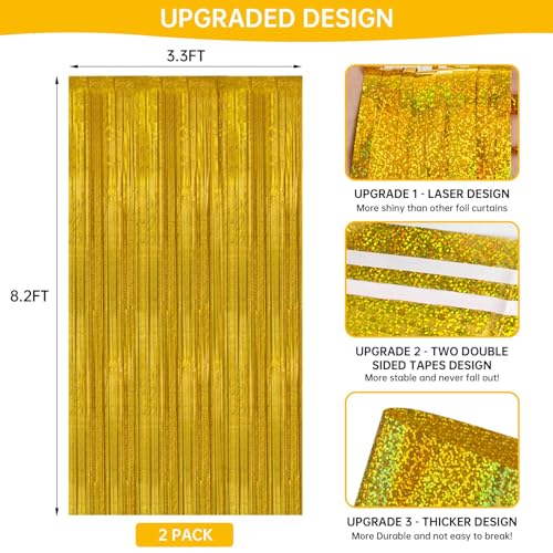Image of 2 Pack 3.3 x 8.2 ft Tinsel Foil Fringe Curtain Backdrop, Upgraded Gold Glitter Metallic Streamers Backdrop Curtains for Birthday Decorations Bachelorette Prom Graduation Party Decorations