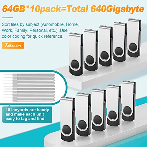 Image of Kepmem Thumb Drive 64GB Flash Drives Bulk 10 Pack, Pen Drive 64 GB Memory Sticks USB 2.0 Metal Swivel Pen Drive, Portable Jump Zip Drives 64 Giga Value Silver Pendrives with 10pcs Ropes