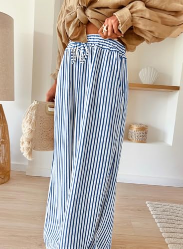 Image of Acelitt Women Casual Drawstring Elastic Waist Striped Wide Leg Pants with Pockets, S-XXL