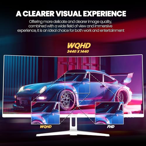 CRUA 34Inch White Gaming Monitor 144hz 21:9 1500R Ultra Wide Curved Monitor, WQHD (3440X1440P) 99%sRGB VA Panel Computer Monitor Support AMD Freesync, HDMI 2.1 & DP1.4, Wall Mountable/Tilt Adjustable - Image 5