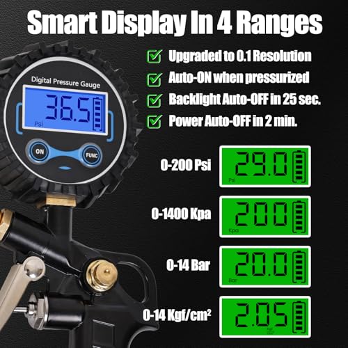 Image of Digital Tire Pressure Gauge with Inflator, 200 PSI Air Compressor Attachment Inflation Gun with Heavy Duty 360 Air Chuck & Extended Hose and Quick Connect Coupler, Improved Leaks Protection