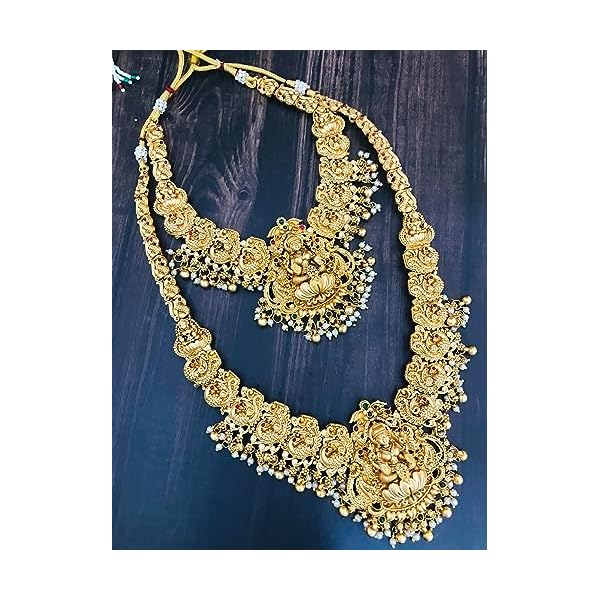 Sattyaki Gold-Plated Traditional South Indian AuspiciousTemple Jewelry Bridal Lotus On Lakshmi Double Large Necklace Set White Beads with Jhumki Earrings in beadwork for Women. - Image 3