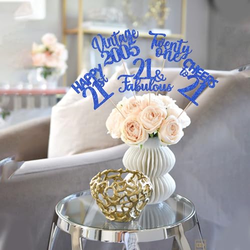 Image of 15 PCS 21st Birthday Centerpiece Sticks Glitter Twenty One Happy 21 Vintage 2005 Table Flower Centerpieces Sticks Cheers to 21 Fabulous Floral Decorations for 21st Birthday Party Supplies Blue