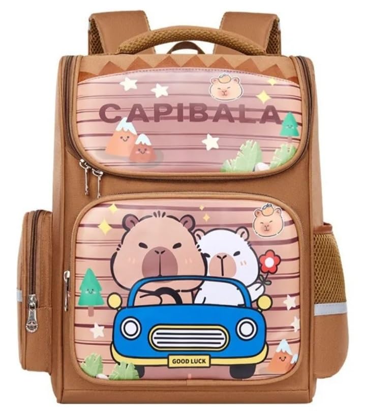 Mochila Escolar Impermeável Capivara – Marrom/Bege, 41x31 cm Múltiplos Bolsos