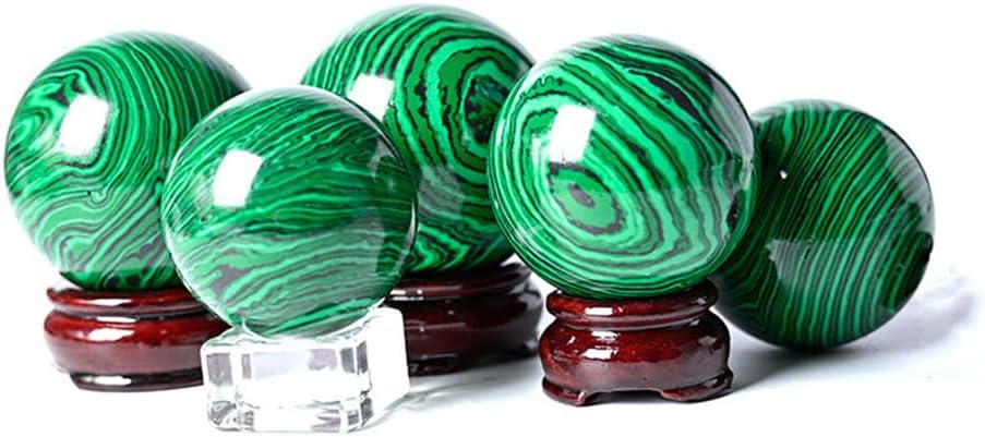 Malachite Crystal Sphere with Wooden Stand,Green Gemstone Ball Sculpture Figurine for Divination Home Decoration,Housewarming Gift,Collectible Gemstone,60~70mm