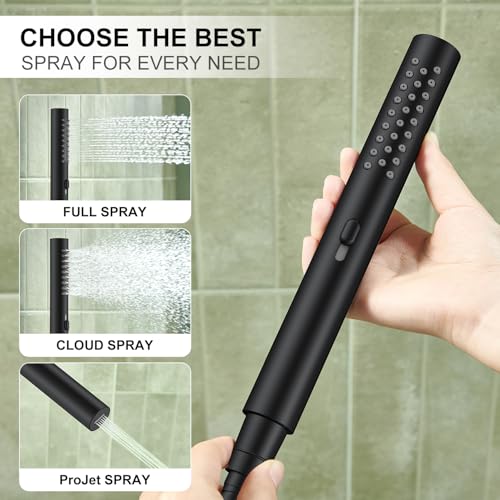 Image of KENES Matte Black Square Rainfall Shower System Faucet Set with Handheld