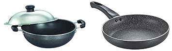 Prestige Aluminium Omega Select Plus Non-Stick Round Base Kadhai with Lid, 25 cm, Black & Prestige Aluminium Omega Deluxe Granite Fry Pan, 24 cm, Black (36305)