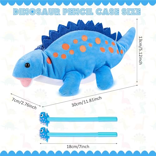 Image of 3 Pcs Blue Dinosaur Pencil Pouch for Kids 3D Plush Animal Pencil Case with 2 Fun Pencils & 1 Soft Stationery Bag Ideal Birthday Gift for Boys and Girls, Back to School Supplies