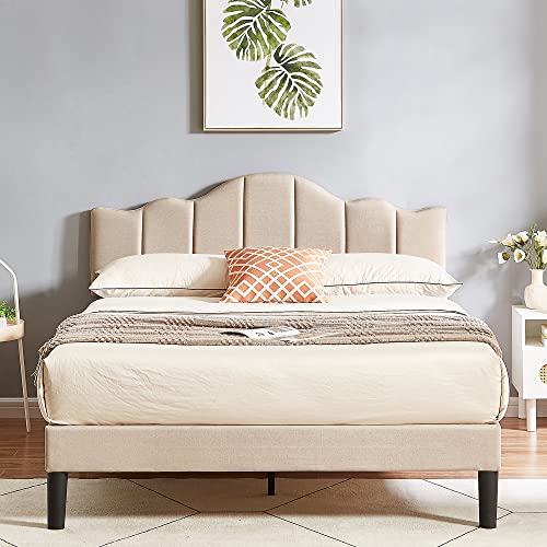 Vecelo Queen Size Platform Bed Frame With Height Adjustable Upholstered Headboard, Wooden Slats Support, Metal Frame Mattress Foundation/No Box Spring Needed/Easy Assembly #TOP5