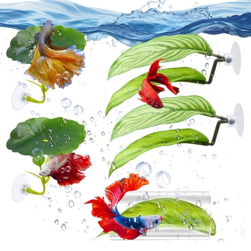 Image of 5PCS Betta Hammock Fish Toys Set Aquarium Decor Plastic Plants Leaf Acrylic Tube Tunnel Fish Tank Decoration, Aquarium Hideout with Spare Suction Cups for Sleeping Resting Breeding
