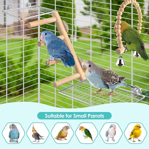 Image of DBNESS 4Pcs Bird Perches Toys, Stainless Steel Perch Platform (2 Sizes), Natural Wood Parrot Climbing Ladder & Swing with Bell, Play Gym Cage Accessories for Budgie Cockatiel Lovebird Canary Conure