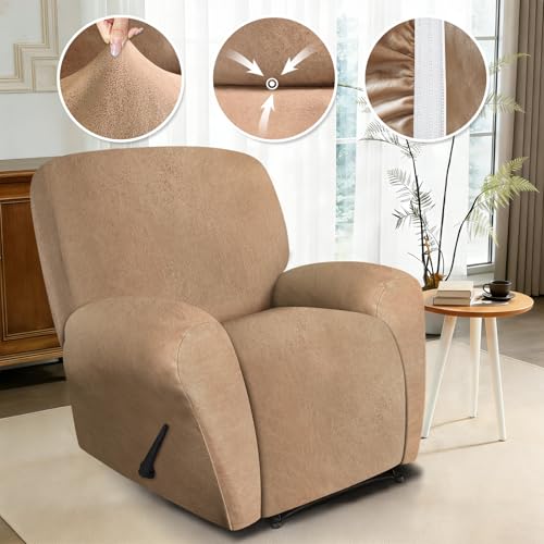 Image of ANARACHON Leather Look Recliner Chair Covers, 4 Pieces Recliner Covers Non Slip, Soft Cover for Reclining Chair, Washable Furniture Protector for Pets (1 Seater, 026 Brown)
